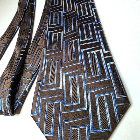 STAFFORD Geometric Brown and Blue Men's Silk Tie - Picture 3 of 8